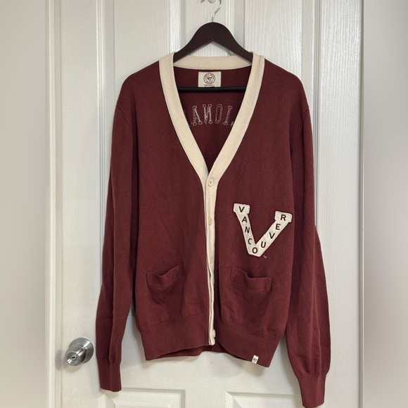 ’47 Brand Vancouver Millionaires Cardigan Sweater Maroon Cream L 100% Cotton - Picture 1 of 8